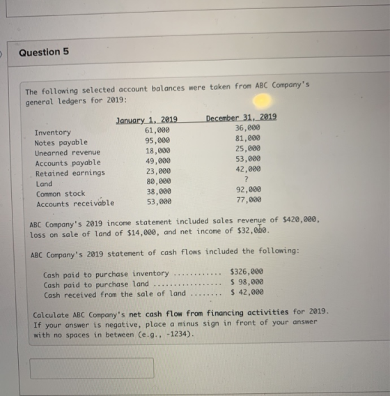 Question 5 The following selected account balances were taken from ABC Companys general ledgers for 2019: January 1, 2019 In