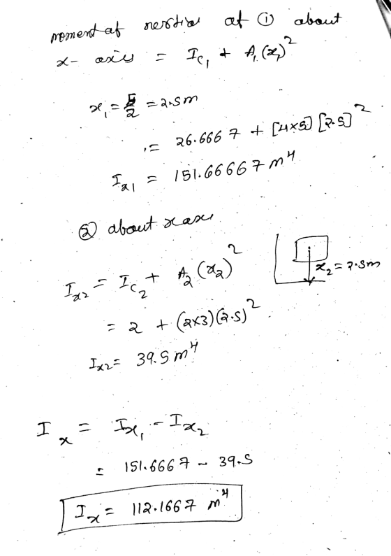 moment af restian at o about a- axes I, & A. (se)? pes = 2.sm 26.666 7 + [4*5] [75] gal 151.66667m ® about reas 2 (22) CA =7