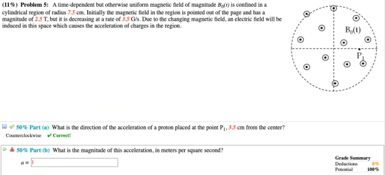 (11%) Problem 5: A time-dependent but otherwise uniform magnetic field of magnitude Bo(t) is confined in a cylindrical region