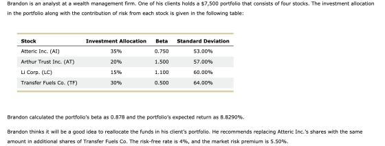 Brandon is an analyst at a wealth management firm. One of his clients holds a $7,500 portfolio that consists of four stocks.