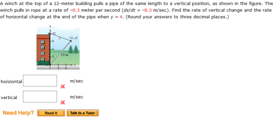 A winch at the top of a 12-meter building pulls a pipe of the same length to a vertical position, as shown in the figure. The