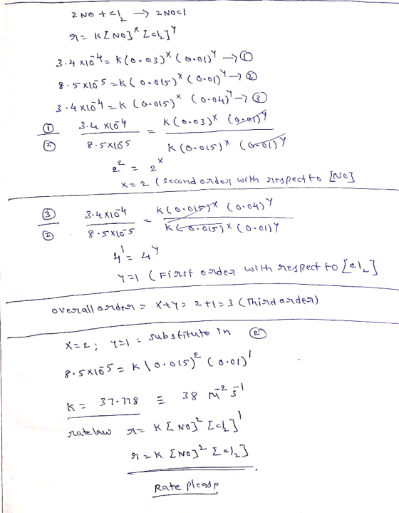 2 No tel -> 2 Noch 9= K[no]*[cly] 3.4 x104k10.03)*(0.0034 -> 0 8.5X10 52K (0.0ls)*(0-019-☺ 3-48104 =k conos)* (0.04) > ® 0 3.