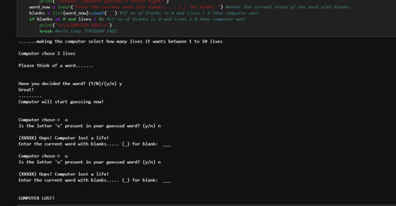 print InGreat: Computer guessed a letter right! word_now = input(Enter the current word with blanks....... for blank: ) #en