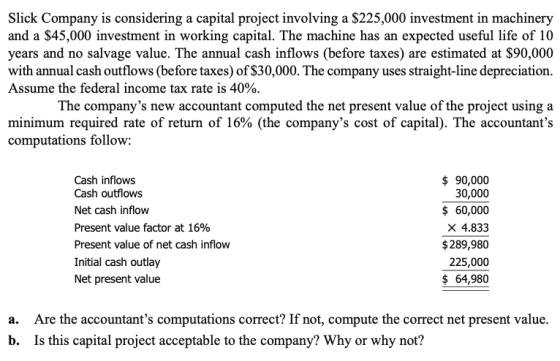 Slick Company is considering a capital project involving a $225,000 investment in machinery and a $45,000 investment in worki
