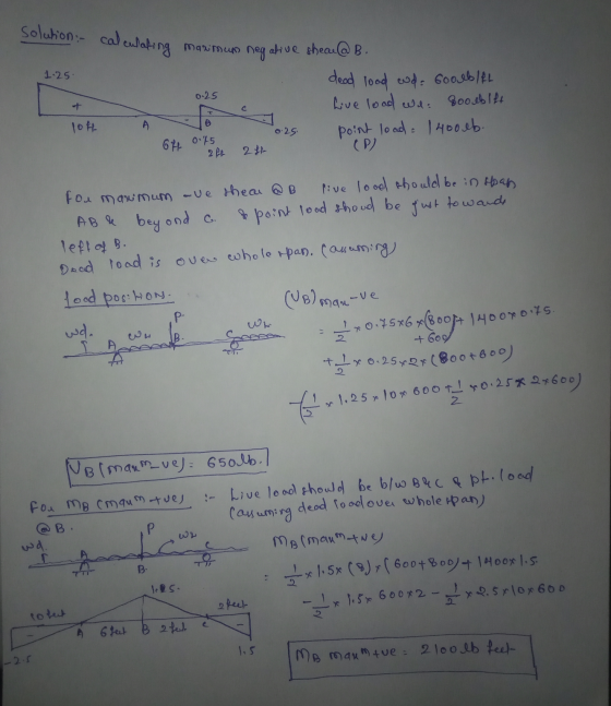 solution calculating maximum 1-25 0.25 neg ative sheau@B. dead lood wd. Gooble Live lood Wea Boodblft point load = 14000b. 2