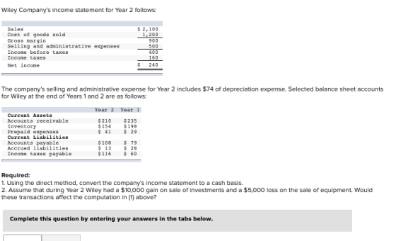 Wiley Companys income statement for Year 2 follows: $ 2,100 1.200 900 Sales Cost of goods sold Gross margin Selling and admi