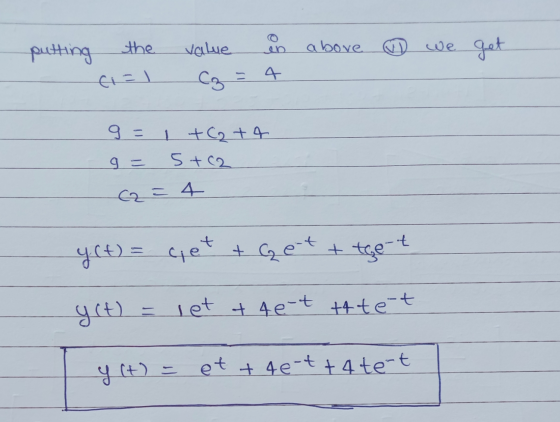 putting the value above we get c=1 4 9 = 1 +₂ +4 g= 5+(2 24 y(t) = ce +Get+tget yet) lett - 4e-t t4te-t y (+) = et + 4 e-t +