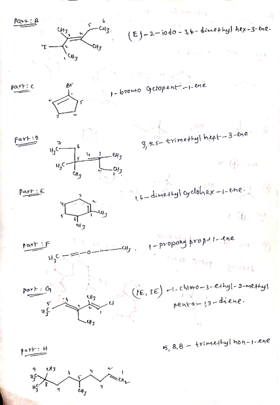 Part: B scuz rent (23-2-100-36 1-2-iodo - 3,4-dimethyl hex-3-ene. partic bromo qclopentreme park:D - 35,5-trimethyl hept-3-th