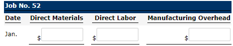 Job No. 52 Date Direct Materials Direct Labor Manufacturing Overhead Jan