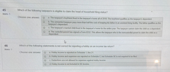 45 Which of the following taxpayers is eligible to claim the head of household filing status? Marks: 1 Choose one answer a. T