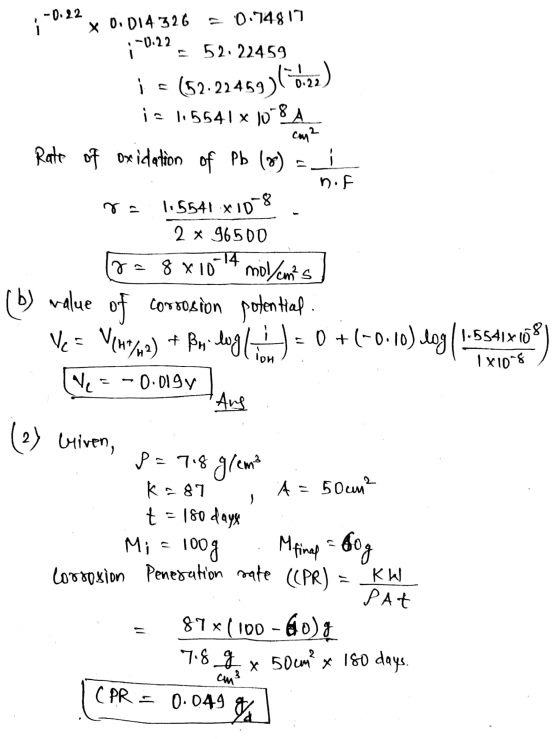 0.74817 -0.22 X 0.014 326 -0.22 52. 22459 (52.22459) 10.22) i - 115541 x 10 8 À cay2 Rate of oxidation of Pb (8) = n. 115541