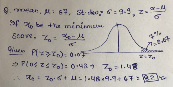 7%. 9. mean, ll: 67, St.dev,5 6=9,9, 2= If to be the minimum scone, Todo-M Given PLZ3,70): 0.07 =PLOSZ520)= 0,43= 20=1.48 . T