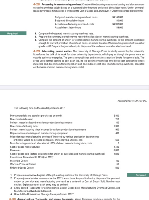 4-28 Accounting for manufacturing overhead. Creative Woodworking uses normal costing and allocatesman- ufacturing overhead to