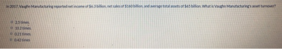 In 2017, Vaughn Manufacturing reported net income of $6.3 billion, net sales of $160 billion, and average total assets of $65