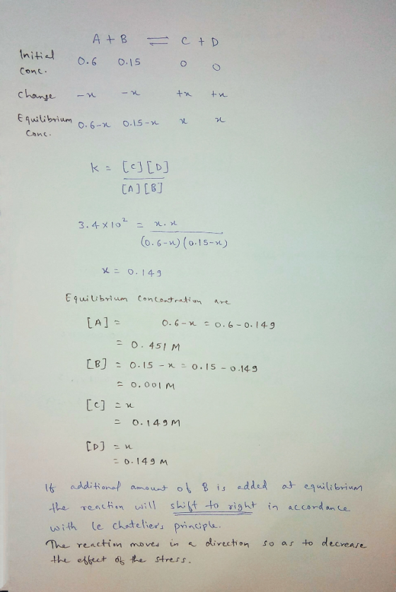 A+B 1 ctD Initial 0.6 O.1S O Conc change - +n E quilibrium O.1.5-x O.6-2 Conc k CcJEDJ CA]CB] . 3.4X10 (0.6-)(0.15-) 0.149 Eq
