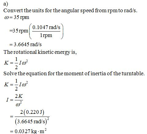 a) Convert the units for the angular speed from rpm to rad/s. ω-35rpm 0.1047 rad/s -35 rpm lrpm) 3.6645 rad/s The rotational