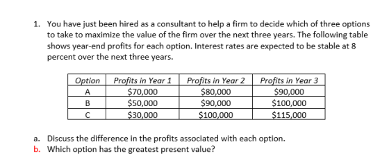 1. You have just been hired as a consultant to help a firm to decide which of three options to take to maximize the value of