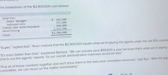 Ull The breakdown of the $3,900,000 cost follows: Salaries: Sales manager Salespersons Travel and entertainment Advertising T