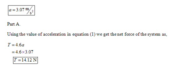 a-3.07 m/ Part A Using the value of a T-4.6a 3.07 m in equation (1) we get the net force of the system as, 4.6x3.07 T 14.12 N