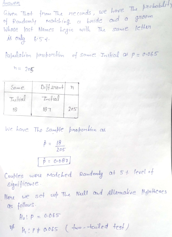 Answe Given That The Randemly motchin whose last Names beinilh The same leffun LwI n= 205 Some Djent n t 18 187 2os 18 20s Couples vu Mote hed Randon at 5.1 revel。f Hyu ue sef 때, The Null and Alurnalive Hypotheses s follouws hol p = 0.065