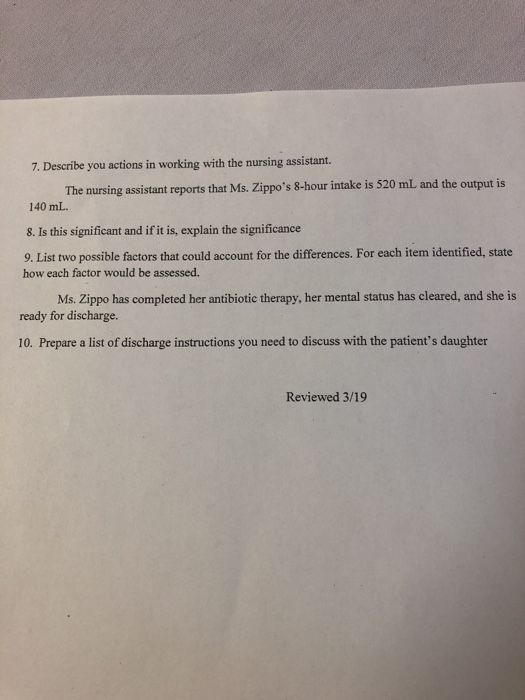 7. Describe you actions in working with the nursing assistant. The nursing assistant reports that Ms. Zippos 8-hour intake i
