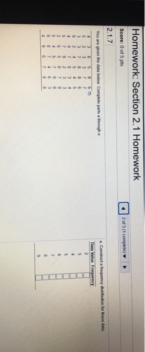 Homework: Section 2.1 Homework Score: 0 of 5 pts 2 of 3 (1 You are given the data below Complete parts a through e 4 9 6 7 8 8