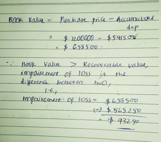 BOOK value = Purchase price - Accumulated dep $ 1200000 - $54150 e $ 658500 - 2 Book Vale > Recoverable value, impairement of