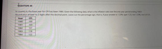 JUESTION 44 In country A, the base year for CPI has been 1980. Given the following data, what is the inflation rate over the