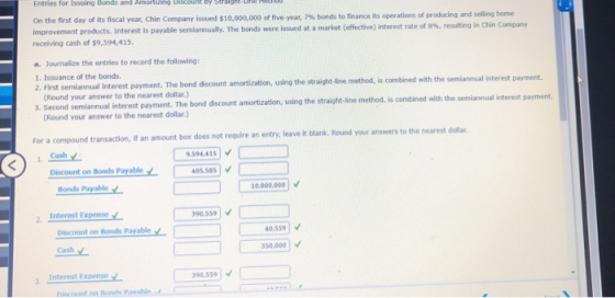 Entries for issuing Bonds and Amortizing Discount by straight-Ure H UU On the first day of its fiscal year, Chin Company issu