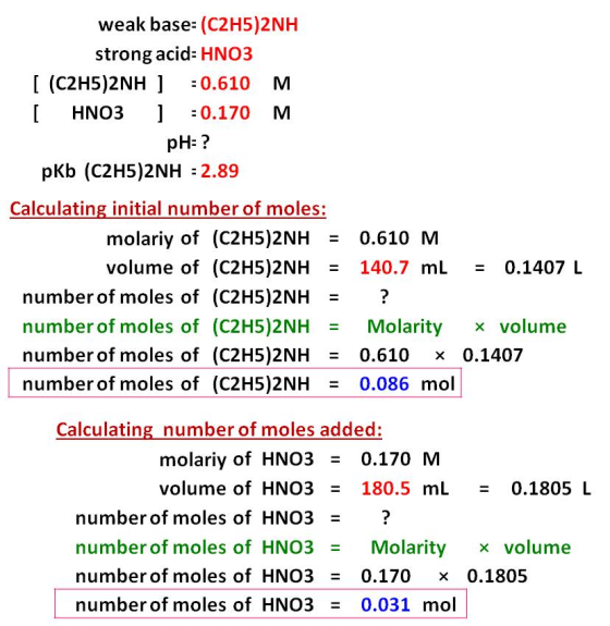 weak base: (C2H5)2NH strong acid: HNO3 [ (C2H5)2NH ] :0.610 M [ HNO3 0.170 M pH= ? pkb (C2H5)2NH - 2.89 Calculating initial n