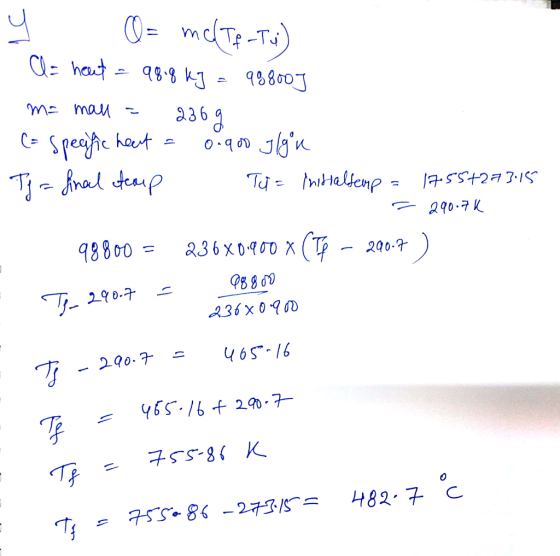 y O= melte-Tu) - C= heut= 98.8 kJ = 98800] - m= mall = 236g (= specific heut = 0.900 olgon Tp = final teup Tu= initialtemp =