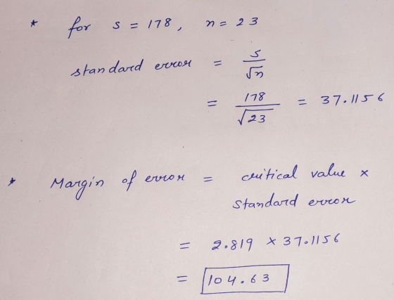 * for s= 178 n = 2 3 = standard error sila 178 = - 37.1156 723 errror Margin critical value x standard error = 2.819 x 370115