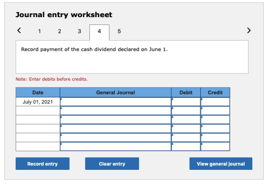 Journal entry worksheet < 1 2 3 4 5 Record payment of the cash dividend declared on June 1. Note: Enter debits before credits