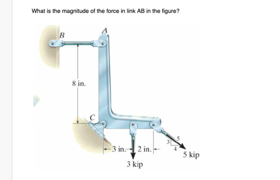 What is the magnitude of the force in link AB in the figure? 8 in. -3 in. 2 in. 5 kip 3 kip