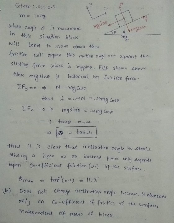 msing po mgcose Given: M = 0.2 m= loong when angle o is maximum in this sitution block will tend to move down thus friction w