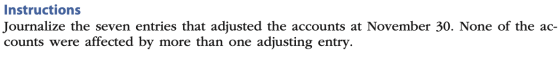 Instructions Journalize the seven entries that adjusted the accounts at November 30. None of the ac- counts were affected by