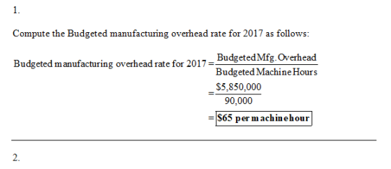 Compute the Budgeted manufacturing overhead rate for 2017 as follows: Budgeted manufacturing overhead rate for 2017= e for 20