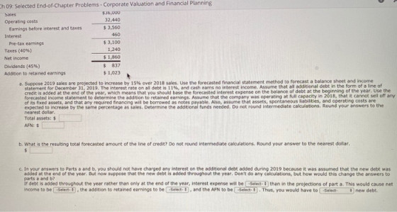Th 09: Selected End-of-Chapter Problems - Corporate Valuation and Financial Planning Sales $36.000 Operating costs 32.440 Ear
