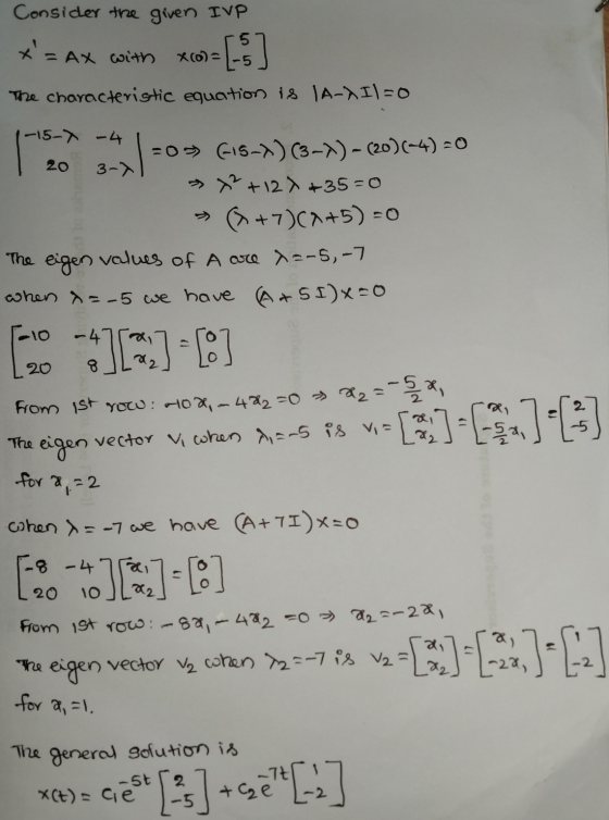 Consider the given IVP x=AX with X(o)= (0=[5] The characteristic equation is 1A-XIl=0 20 -15-7 - 4 =0(15-))(3-) - (20)(-4) -
