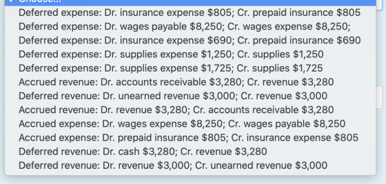 Deferred expense: Dr. insurance expense $805; Cr. prepaid insurance $805 Deferred expense: Dr. wages payable $8,250; Cr. wage