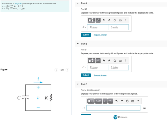 Part A In the circuit in (Figure 1) the voltage and current expressions are v=48e-25 V, t>0; i= 20e - 25 mA, t> 0+. Find R. E