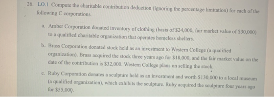26. LO.1 Compute the charitable contribution deduction (ignoring the percentage limitation) for each of the following C corpo