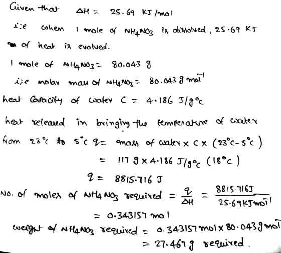 Given that AH = 25.69 kJ/mol - die when I mole of NHINO2 is dissolved , 25.69 kJ of heat is evolved. I mole of NH4NO3=80.043