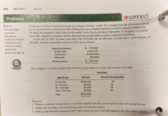 390 SECTION 2 Assets Problems connect P 7-1 Uncollectible accounts: allowance method, income statement and balance sheet appr