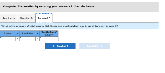 Complete this question by entering your answers in the tabs below. Required A Required B Required C What is the amount of total assets, liabilities, and stockholders equity as of January 1, Year 3? Assets |=| Liabilities | + Stockholders Equity K Required B Required C>