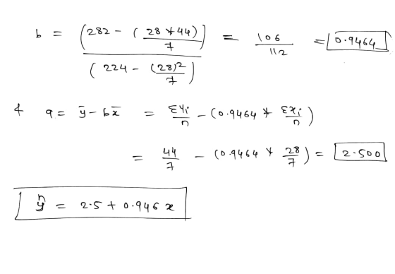 112 b = (282 – ( 28 *44)) = 100 -15.9464] (224 - (282) ¢ q= ģ- bž - Evi -(0.9464+ EX) = 44 - (0.9464 * ) = [2.500 y = 2.5 +0.