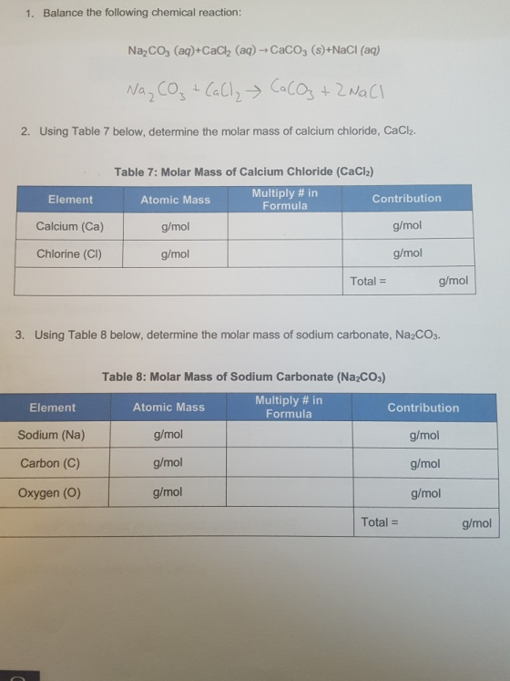 1. Balance the following chemical reaction: Na2CO3 (aq) +CaCl2 (aq) → CaCO3 (s)+NaCl (aq) Na₂CO₃ + Call, CaCO3 + 2NaCl 2. Usi