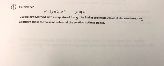 ) For the IVP y+2y-2-e(0)- Use Eulers Method with a step size of h 5 to find approximate values of the solution at t-1 Compa