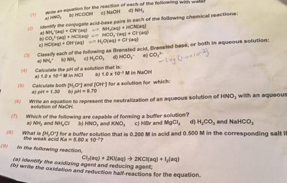 Write an equation for the reaction of each of the