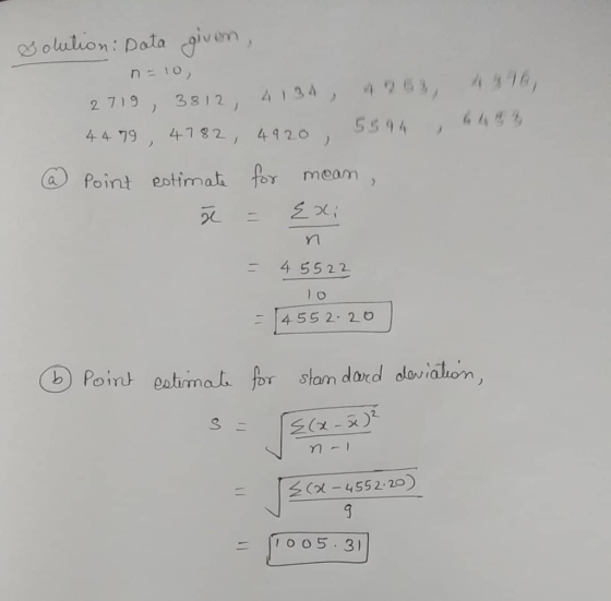 Solulion: Data ivem, n 1o 3812 4134, 63 2719 5594 4 4 79 47 82, 4920 Point eotimati for Meam 4 5522 455 2 2O Point estimat fo